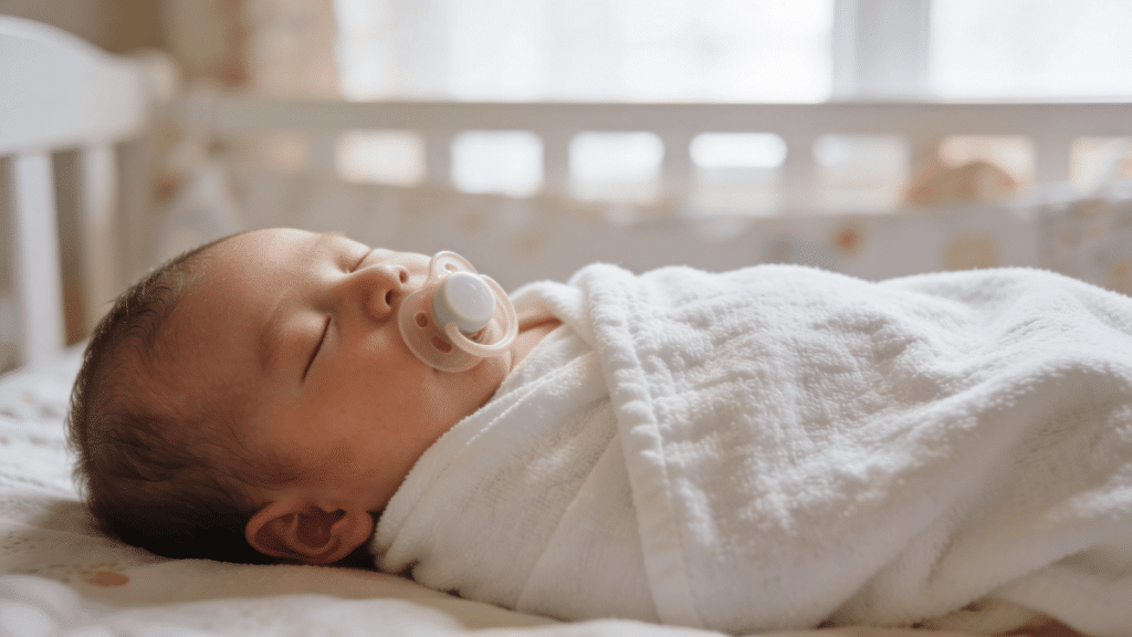 sleeping newborn wrapped in white blanket with pacifier, resting peacefully in bright nursery crib