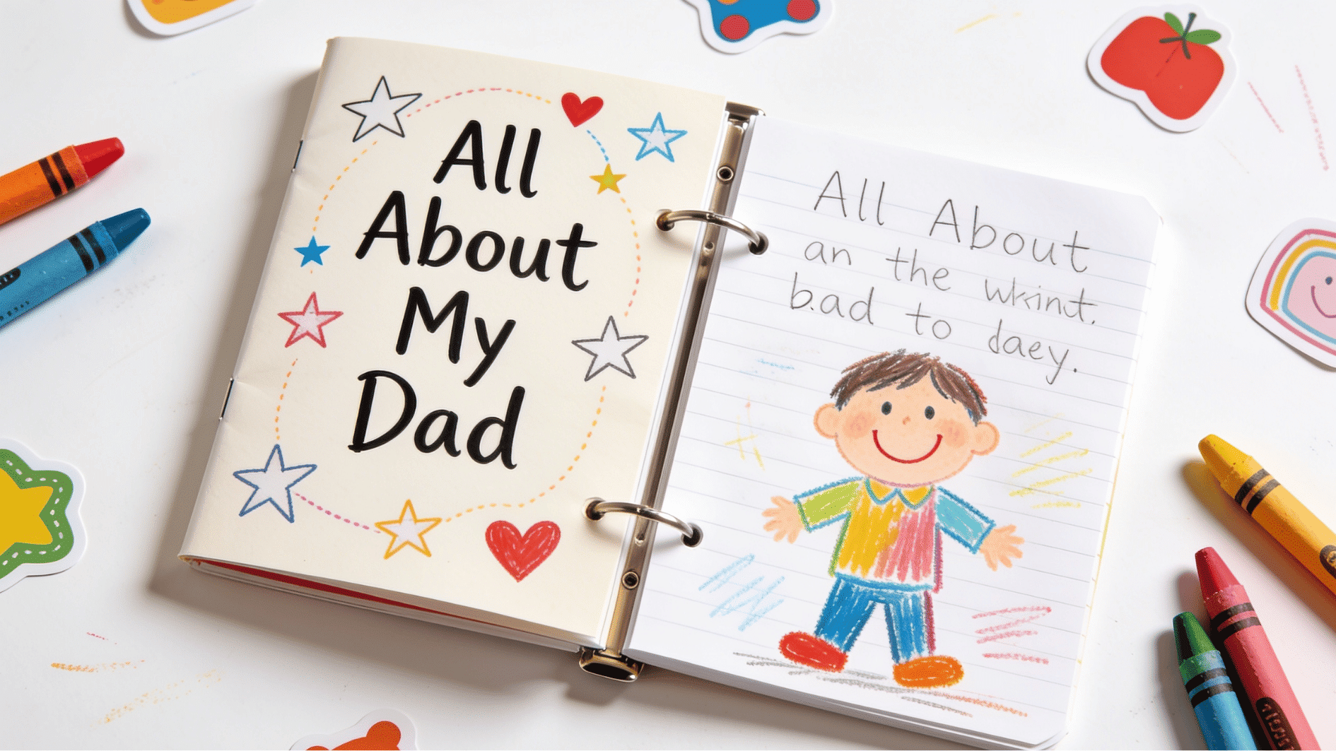 small handmade all about my dad stapled booklet with crayon drawings and handwritten answers fathers day craft idea