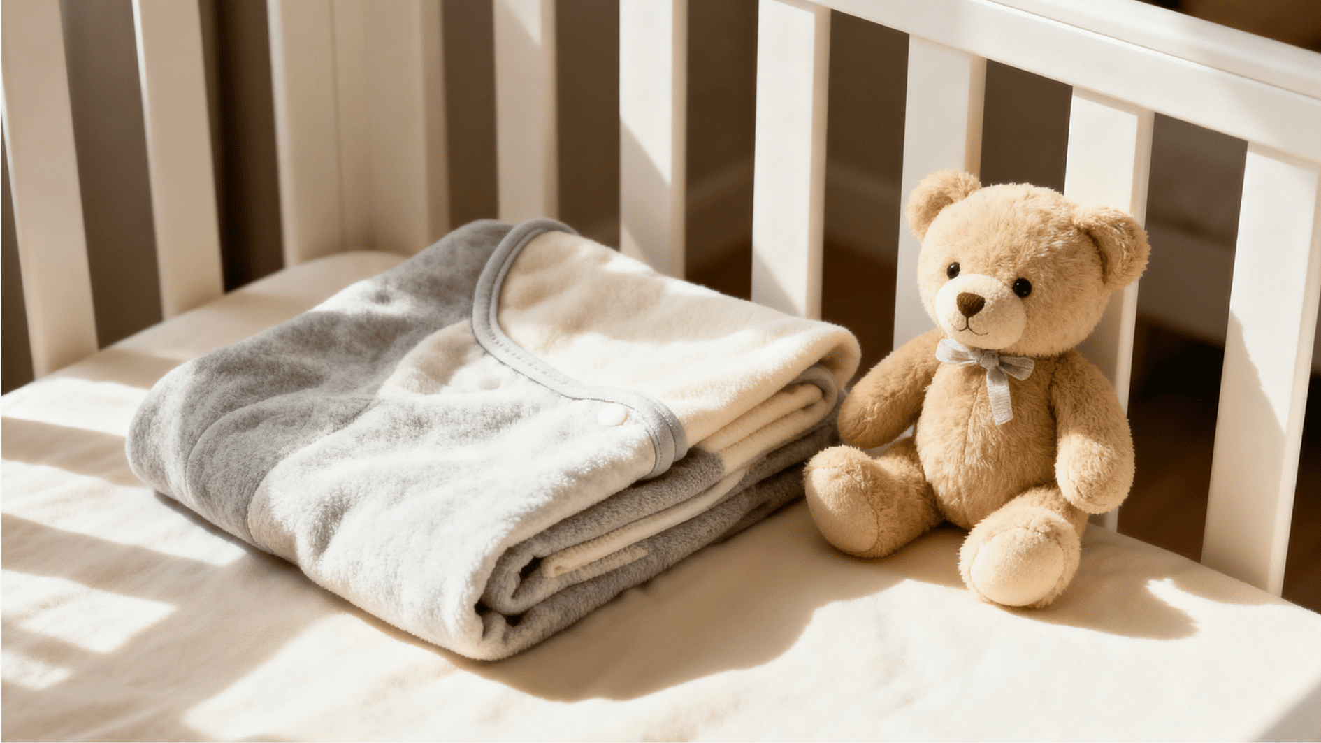 small teddy bear and folded baby blanket inside a sunlit nursery crib with soft neutral tones