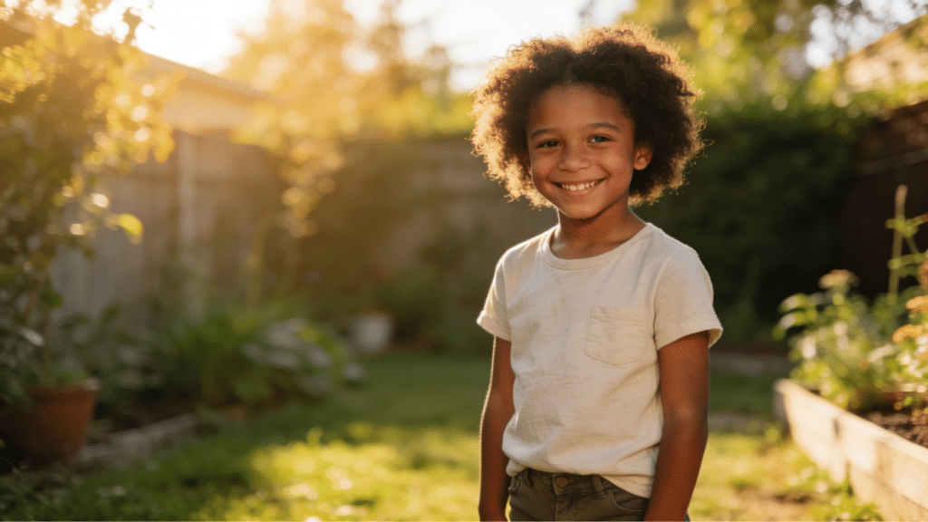 smiling child standing in sunny backyard garden during warm afternoon light