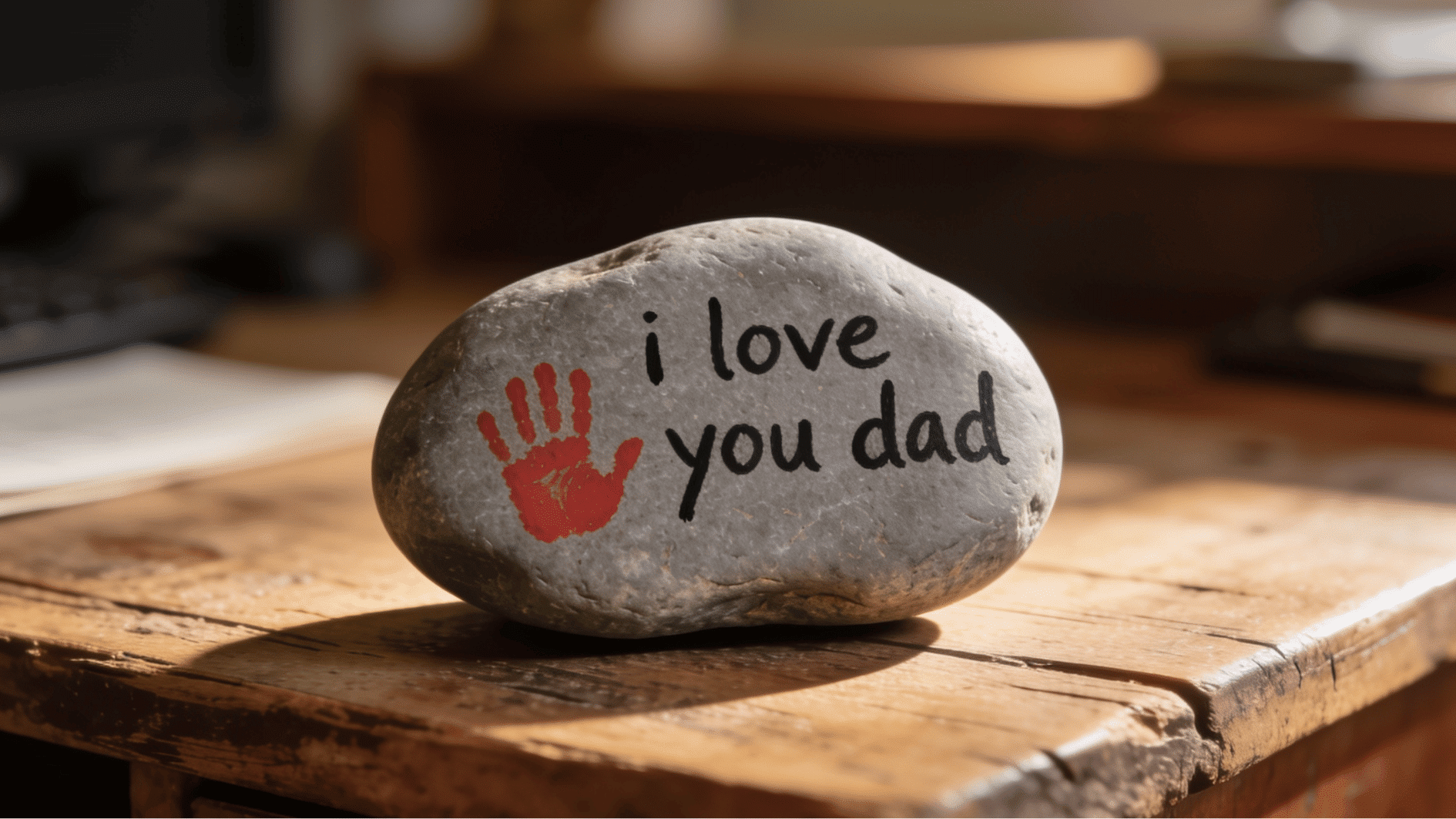smooth grey painted rock paperweight with red toddler handprint and i love you dad message fathers day gift
