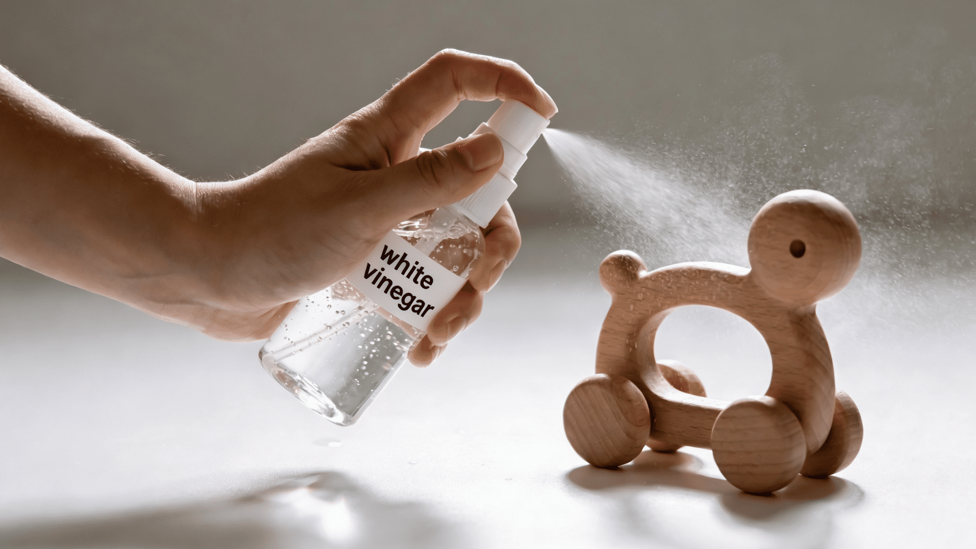 spraying white vinegar on wooden baby toy for natural sanitizing and cleaning