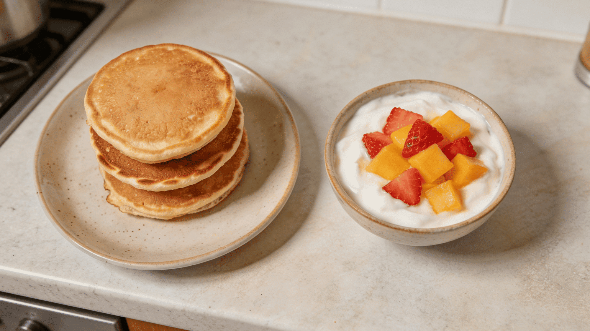 stack of silver-dollar pancakes beside yogurt and sliced banana, strawberry, and mango