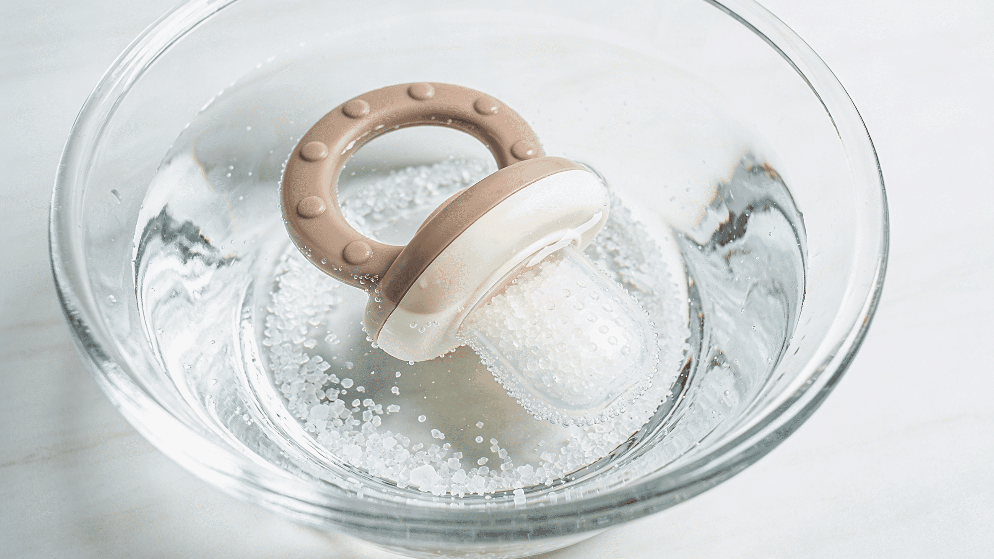 sterilizing baby pacifier in boiling water using kitchen tongs for safe cleaning