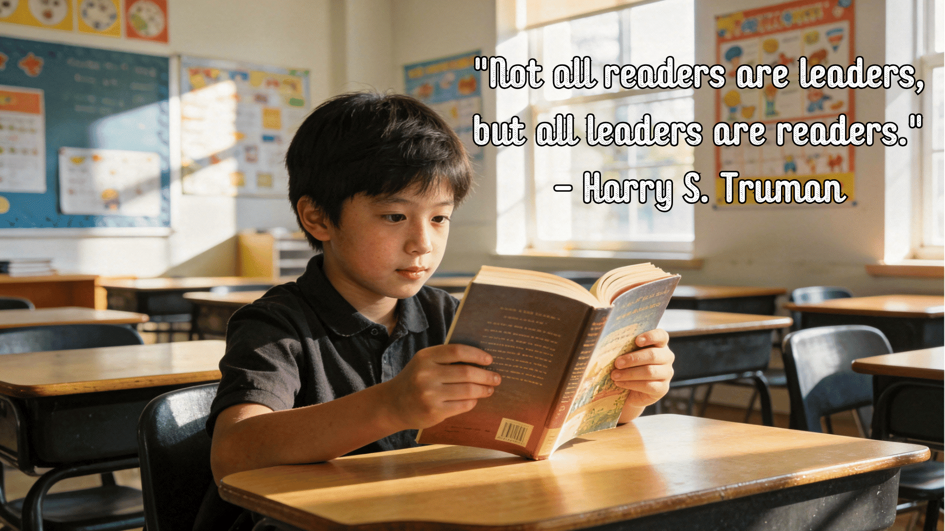 student sitting at a classroom desk reading a book during quiet study time in a bright learning space