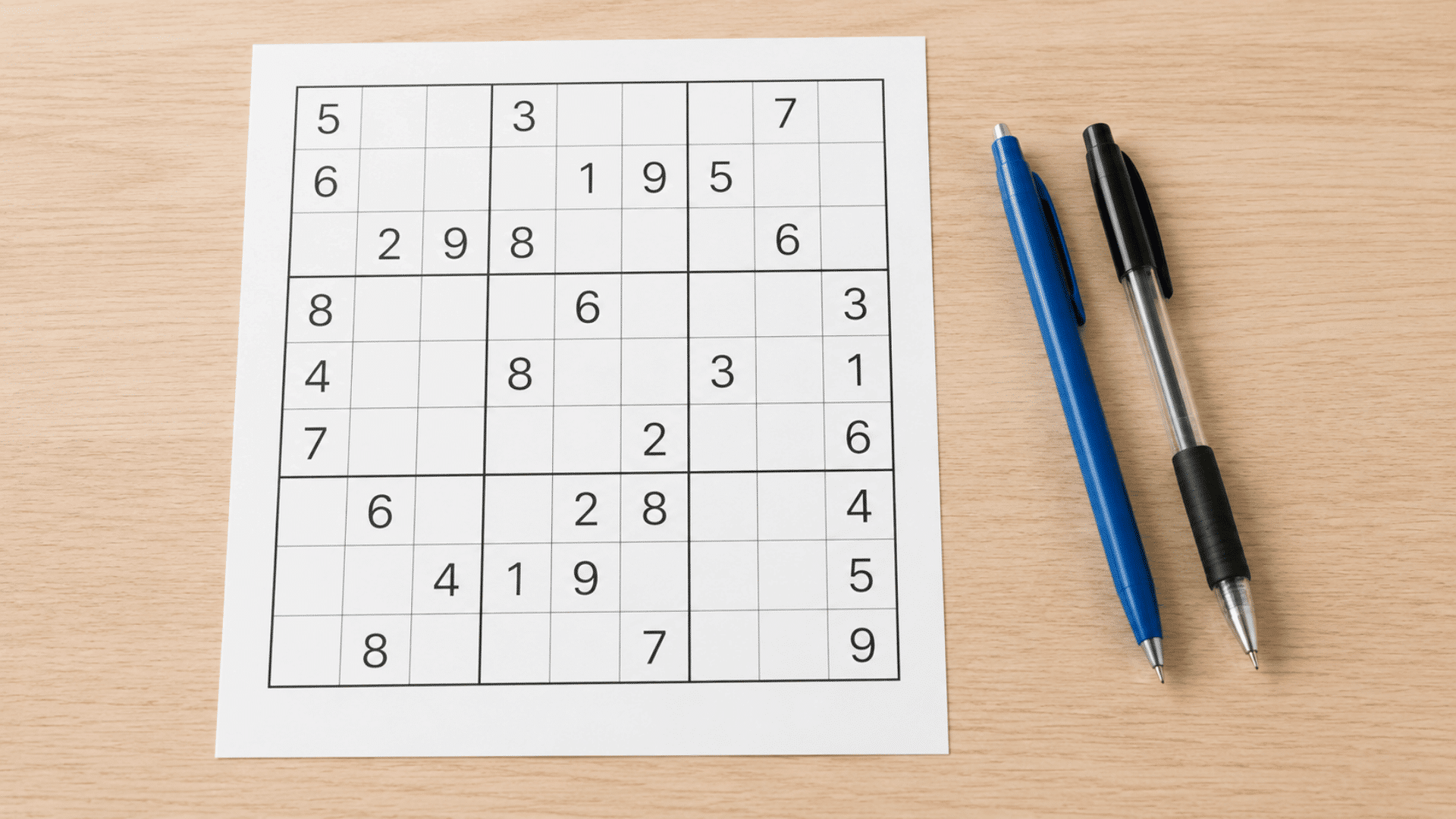 sudoku puzzle and pens on wooden table pen and paper setup with sudoku paper blue and black pen on side
