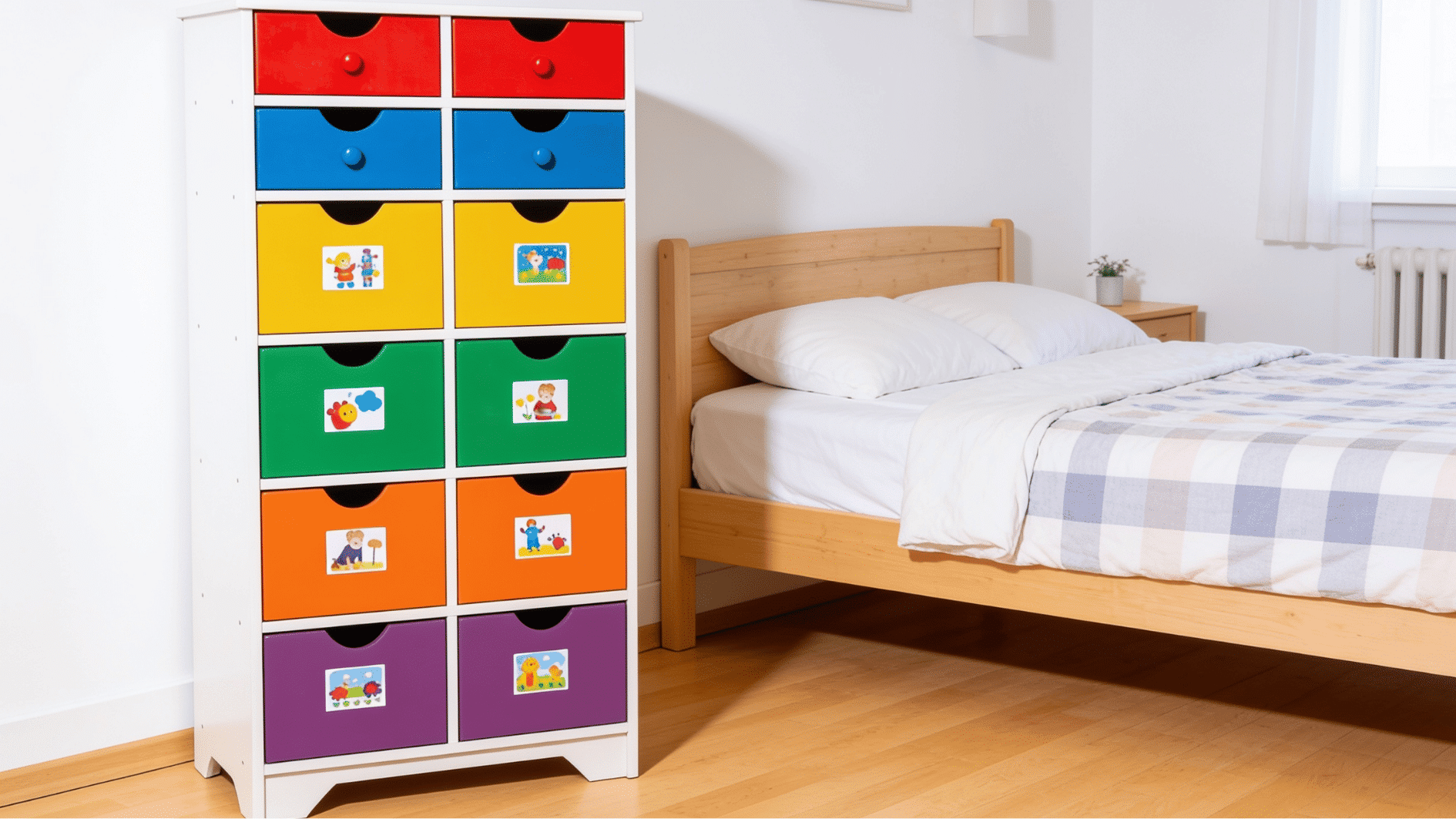 tall color-coded ten-drawer tower with bold painted drawers and picture labels for sorted kids toy storage
