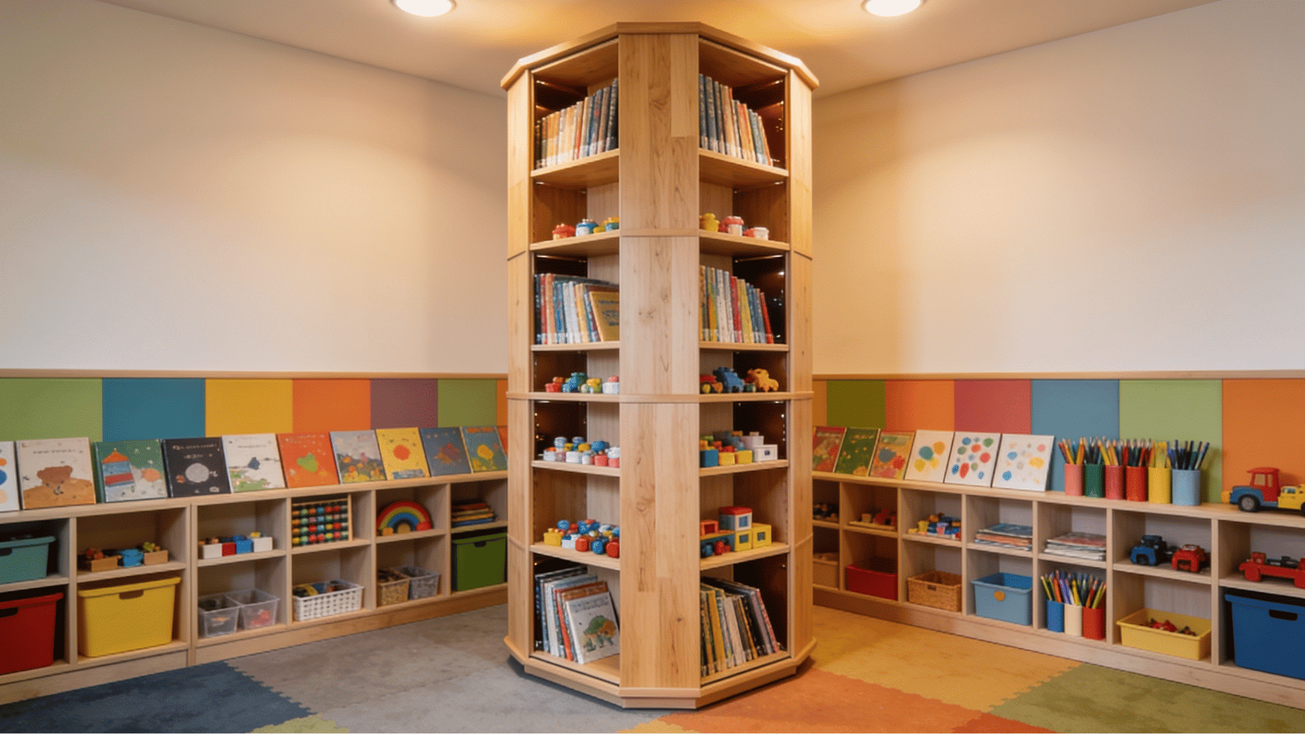 tall four-sided rotating wooden toy tower with open shelves holding books and small playsets for kids