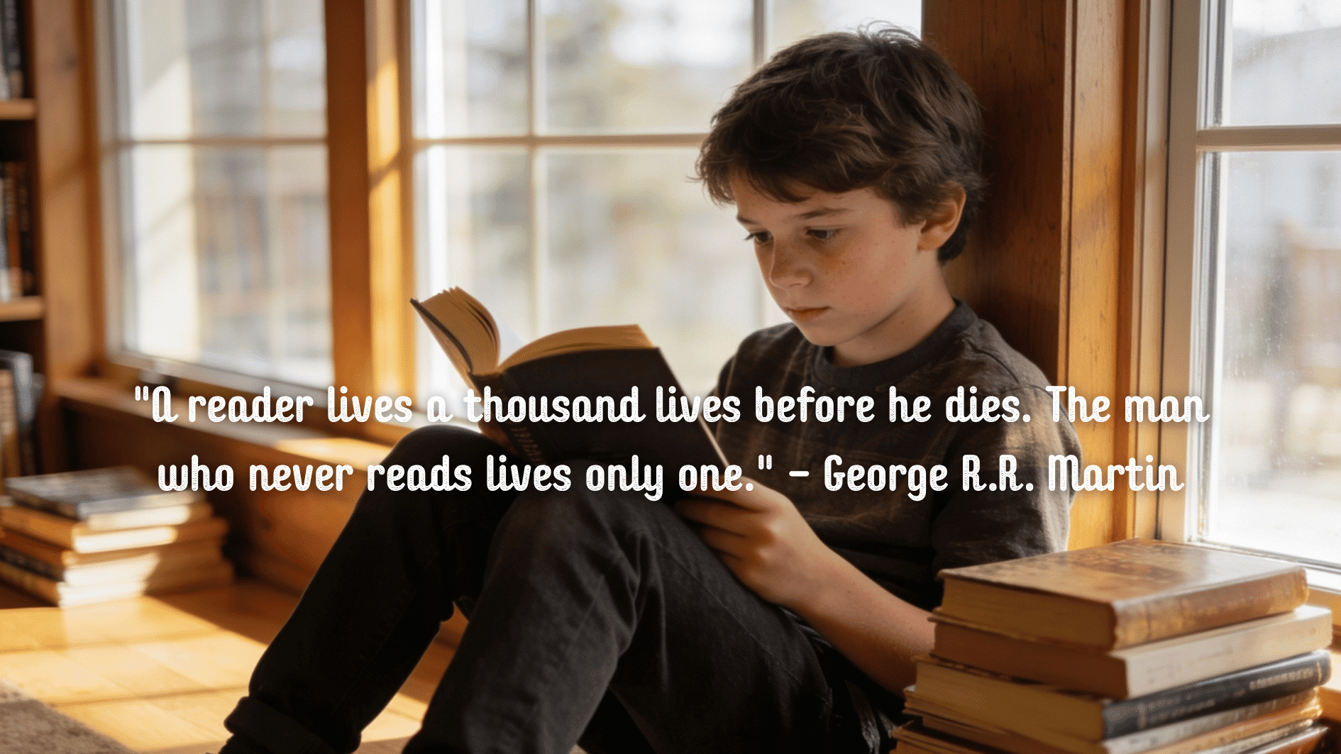 thoughtful child reading a chapter book by a sunlit window surrounded by stacked books and warm light
