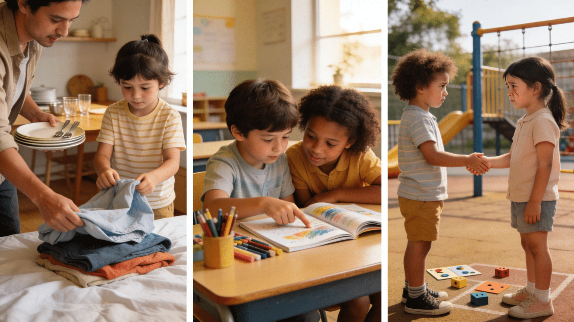 three panel collage of children helping learning and shaking hands outdoors