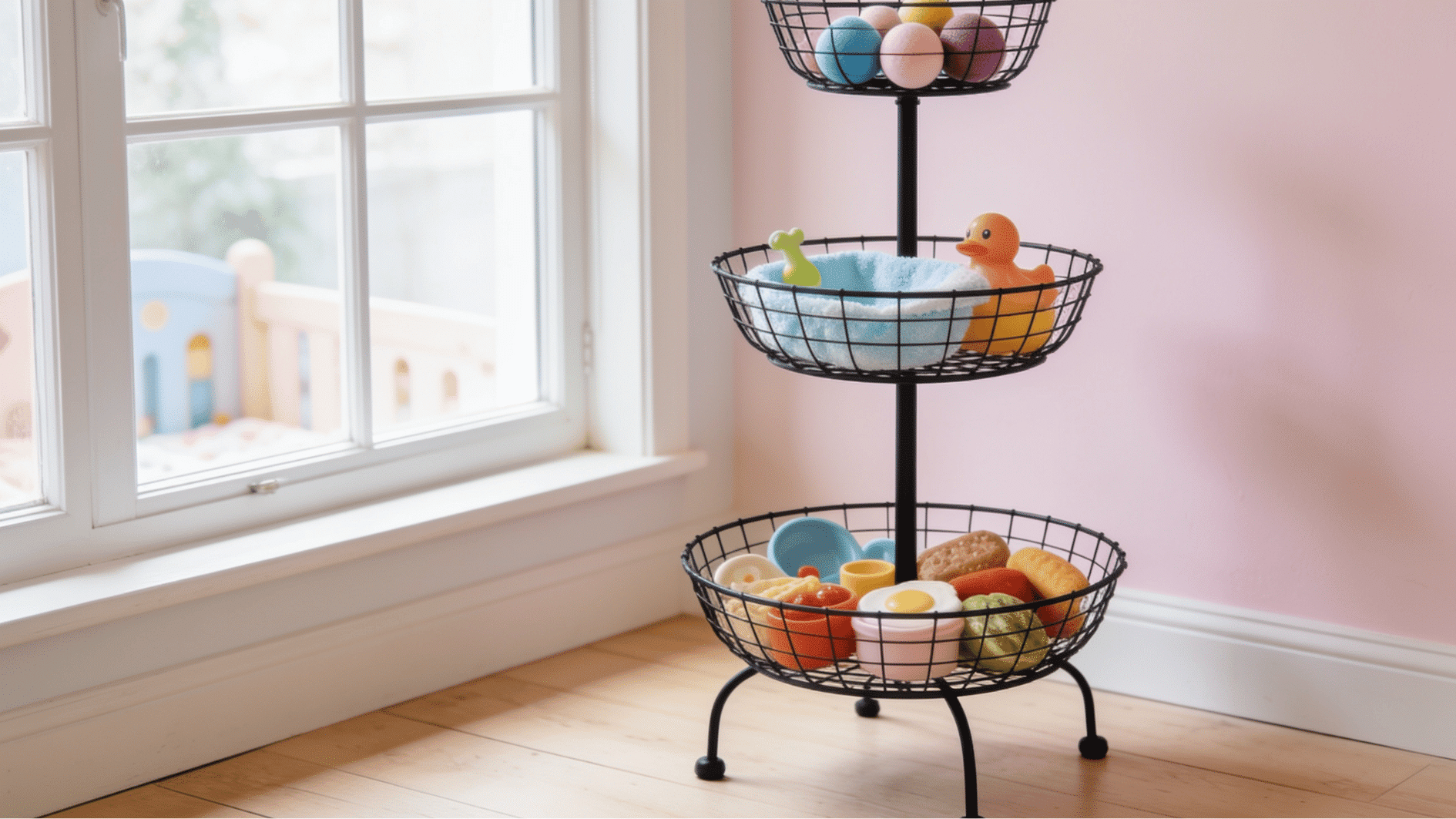 three-tiered black wire basket stand repurposed as kids toy storage holding soft balls and play food