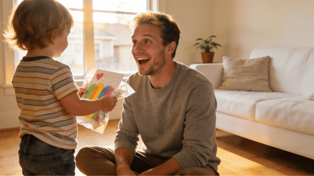 toddler handing colorful handmade fathers day gift to dad sitting on living room floor warm morning light