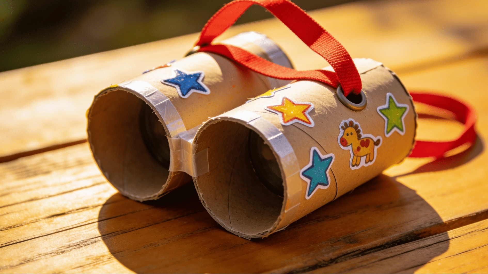 toy binoculars made from two painted cardboard rolls with colorful stickers and a ribbon neck strap