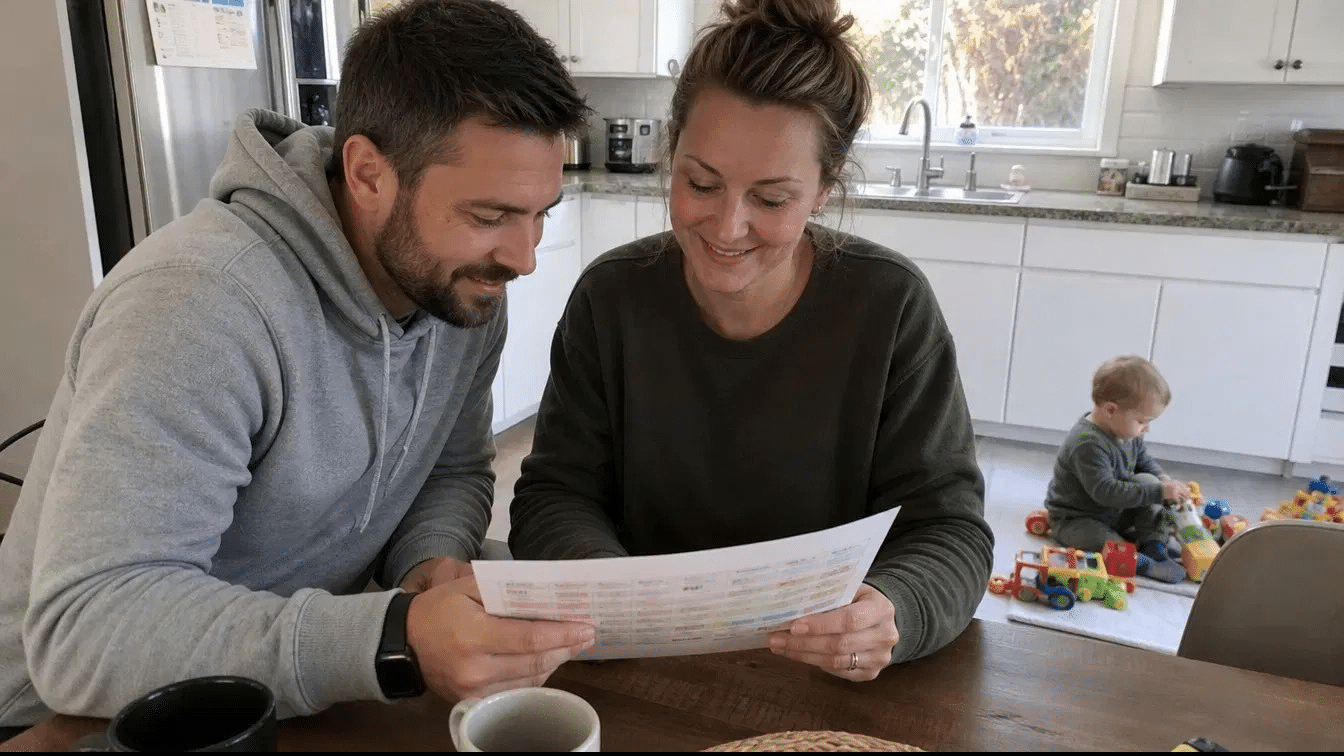 two parents reviewing a colorful parenting schedule at kitchen table while toddler plays in the background
