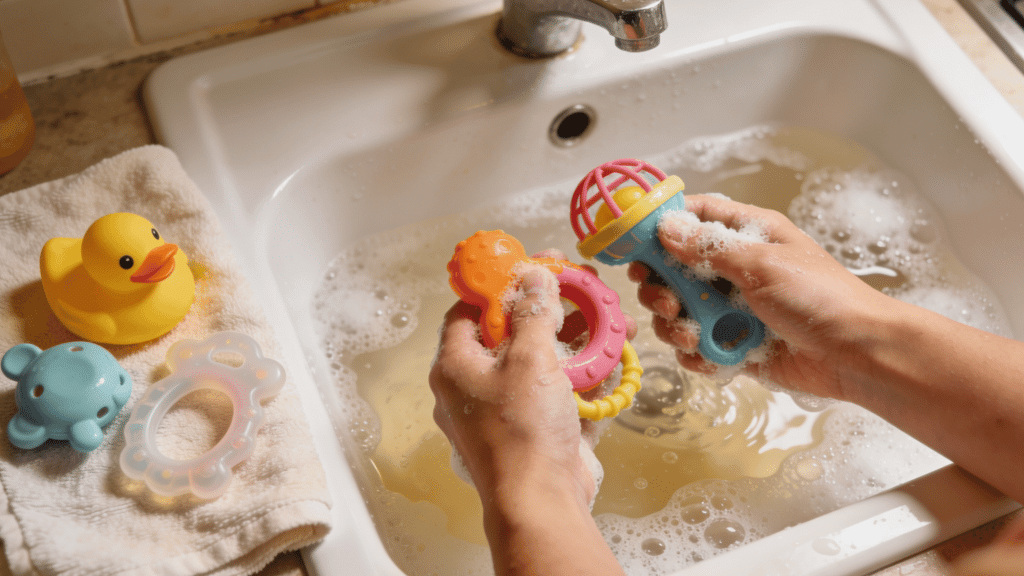 washing colorful baby bath toys with soap bubbles in bathroom sink safely