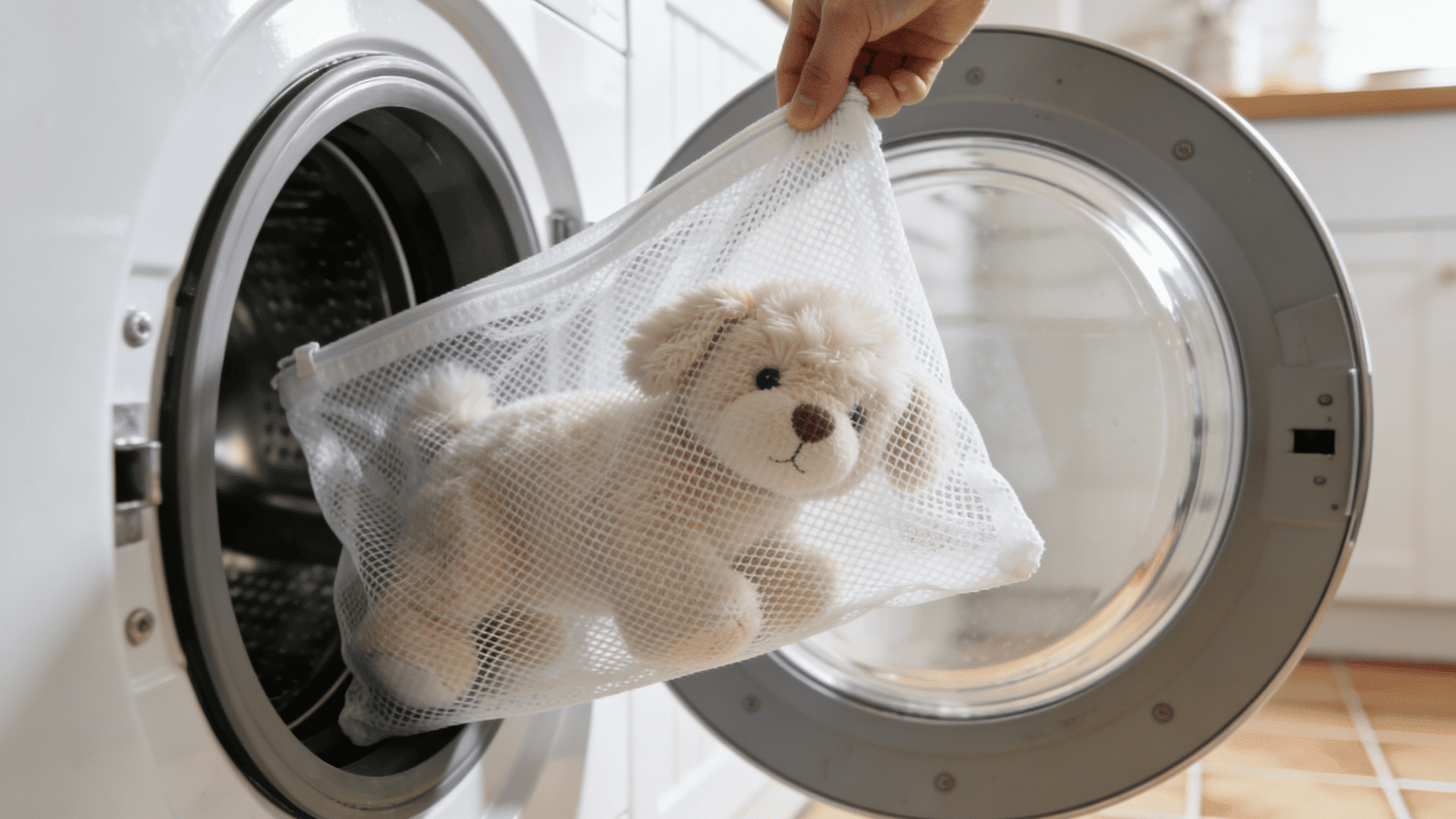 washing stuffed baby toy in mesh laundry bag inside front load washing machine