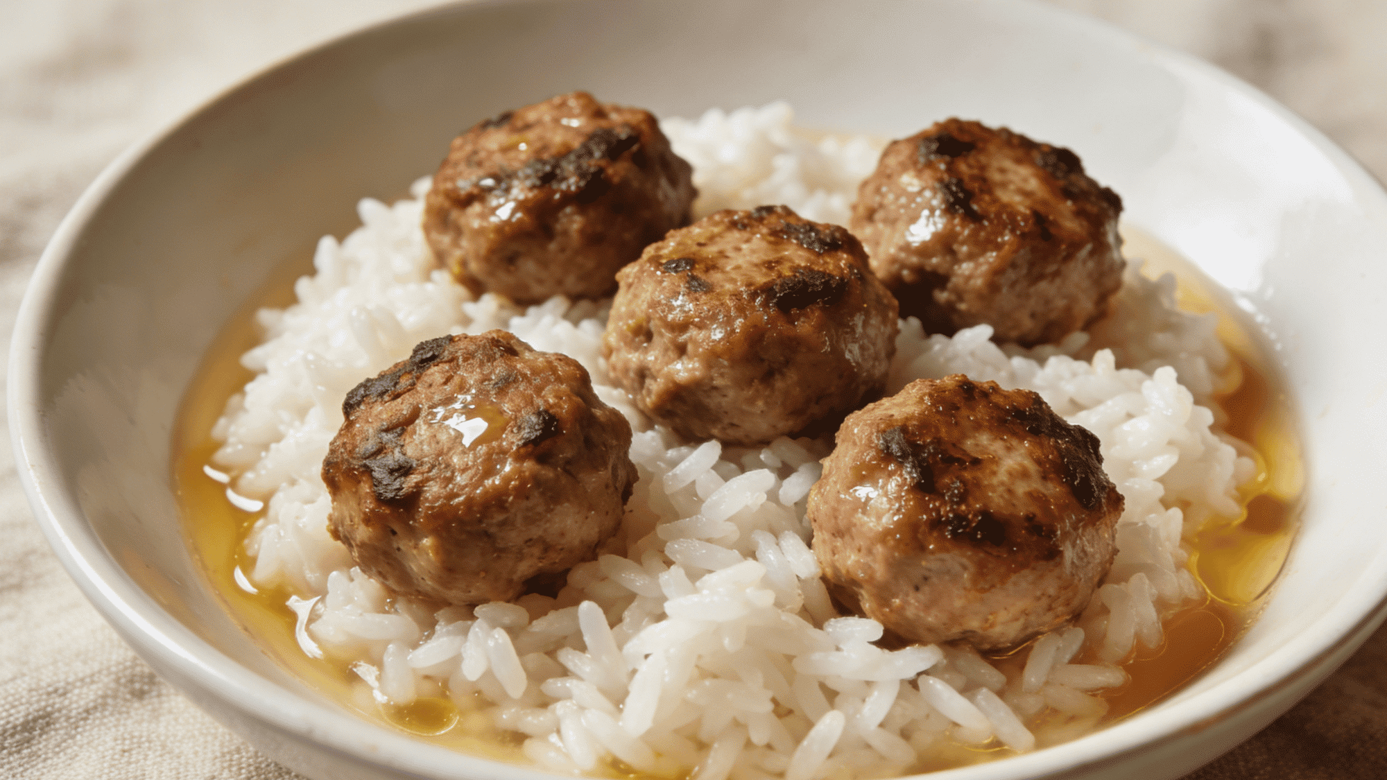 white bowl of steamed rice topped with five golden-brown pan-seared turkey meatballs