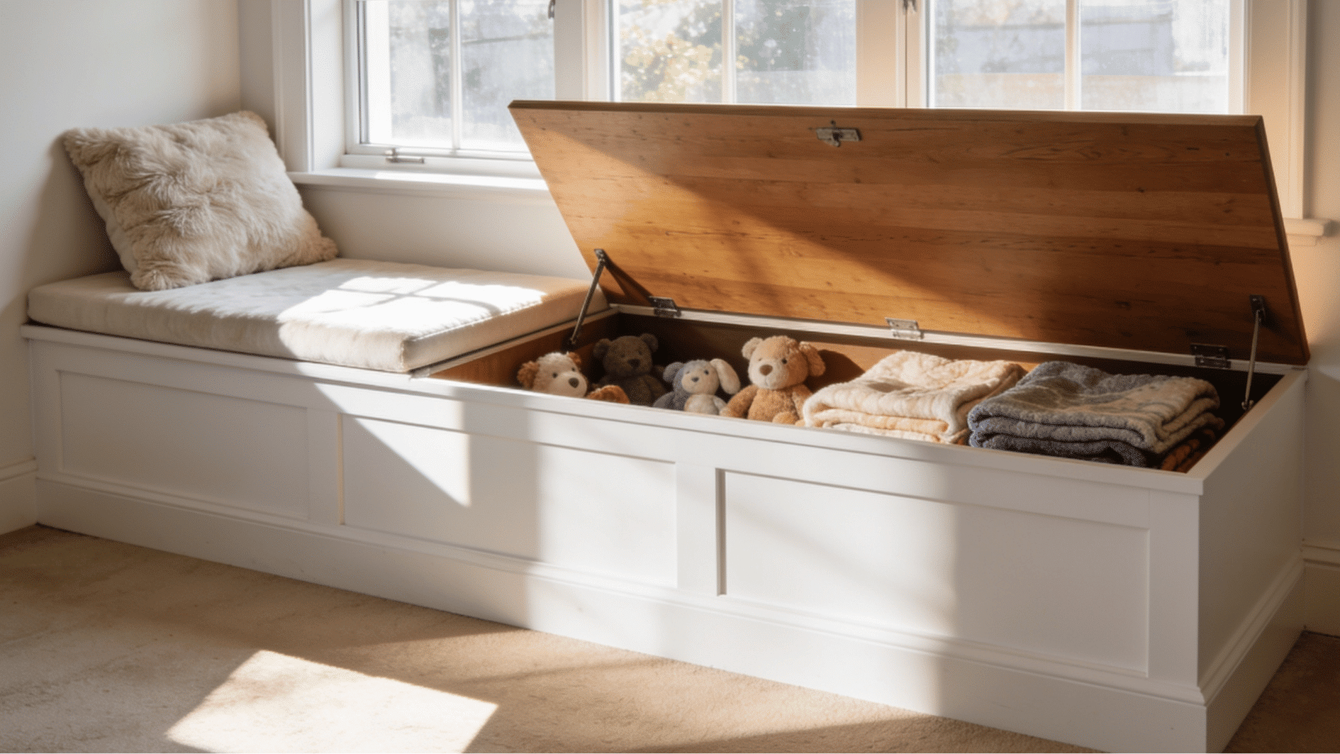 white built-in window seat with open hinged lid revealing deep toy storage filled with stuffed animals