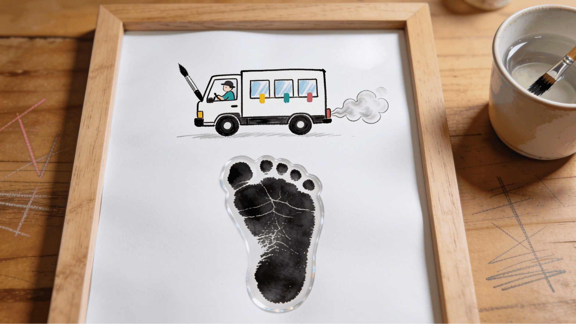 white cardstock monster truck art with black toddler footprint as tire and painted red truck cab fathers day craft