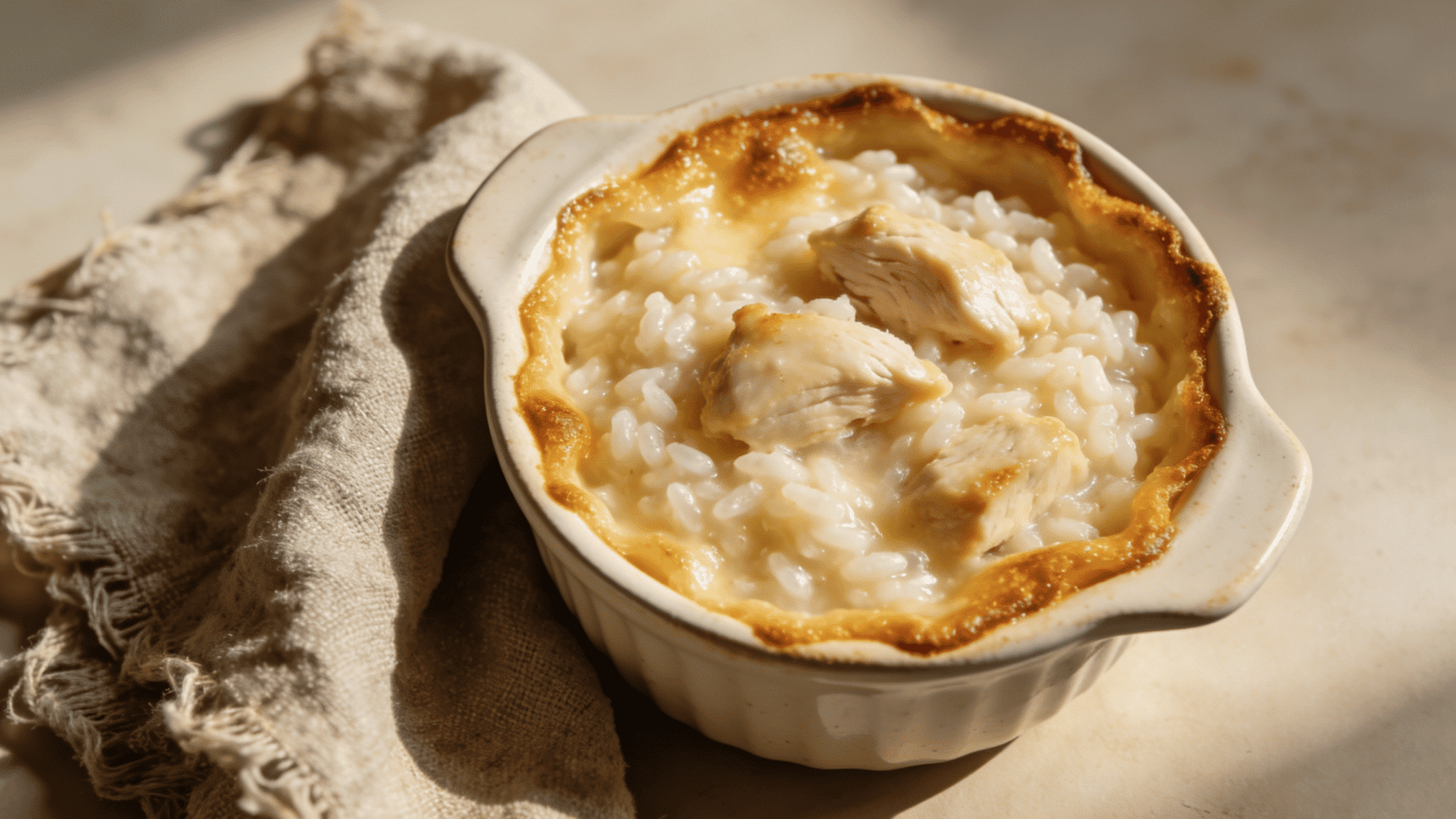 white ceramic baking dish with creamy baked chicken and rice casserole with herb dusting