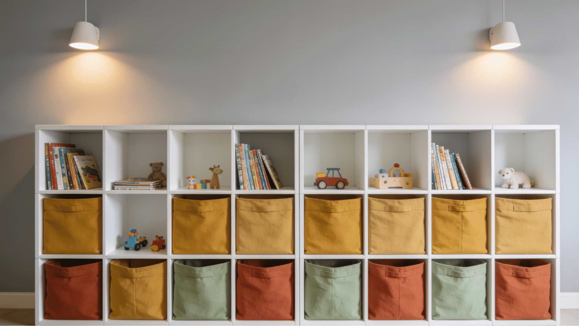 white cube bookshelf with mustard sage and terracotta fabric bins alternating with open toy display squares