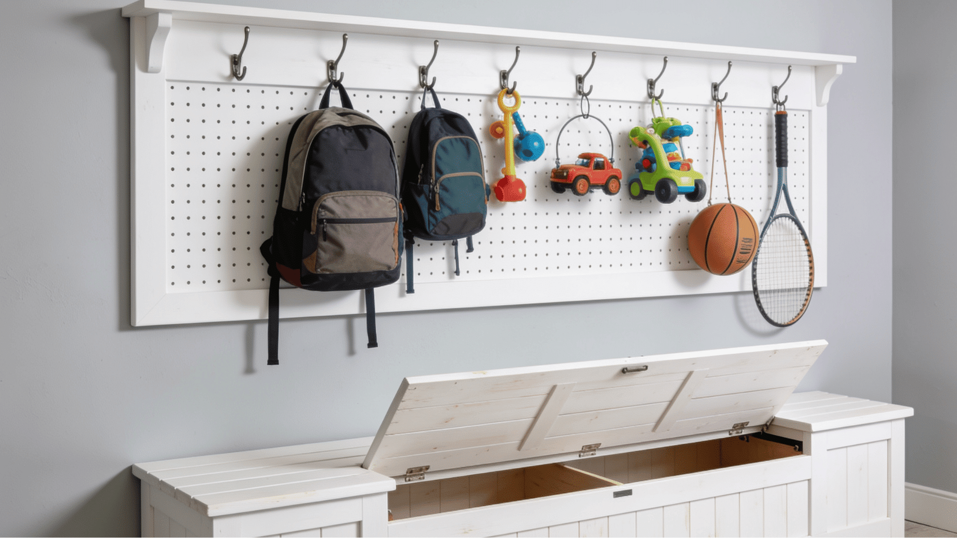 _white entryway bench with hinged storage lid and pegboard above holding backpacks and kids outdoor toys