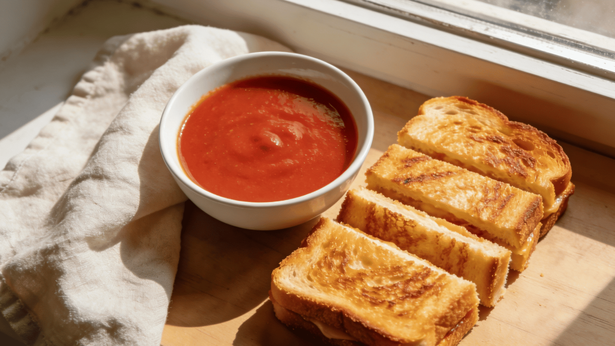white mug of smooth tomato soup with golden grilled cheese strips resting on the rim