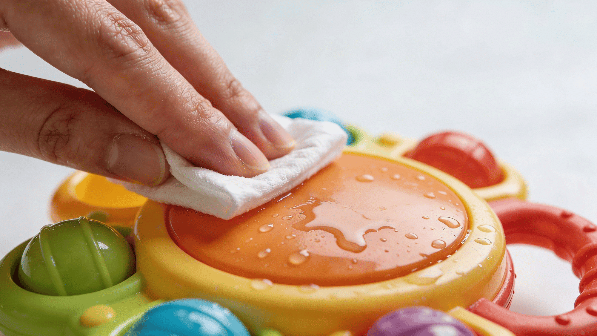 wiping colorful baby activity toy with disinfecting wipe for hygiene and sanitizing