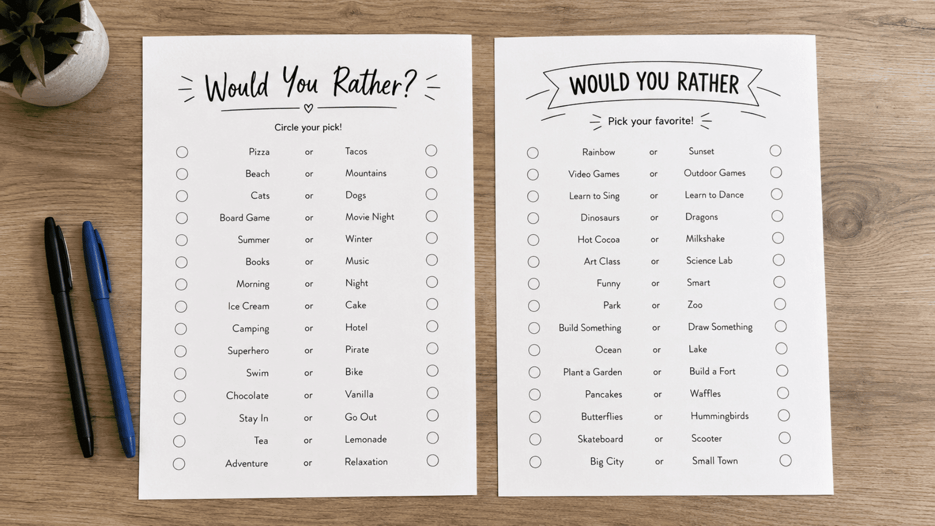 would you rather pen and paper game setup with white paper handwritten options and pens kept on side on a brown wood table