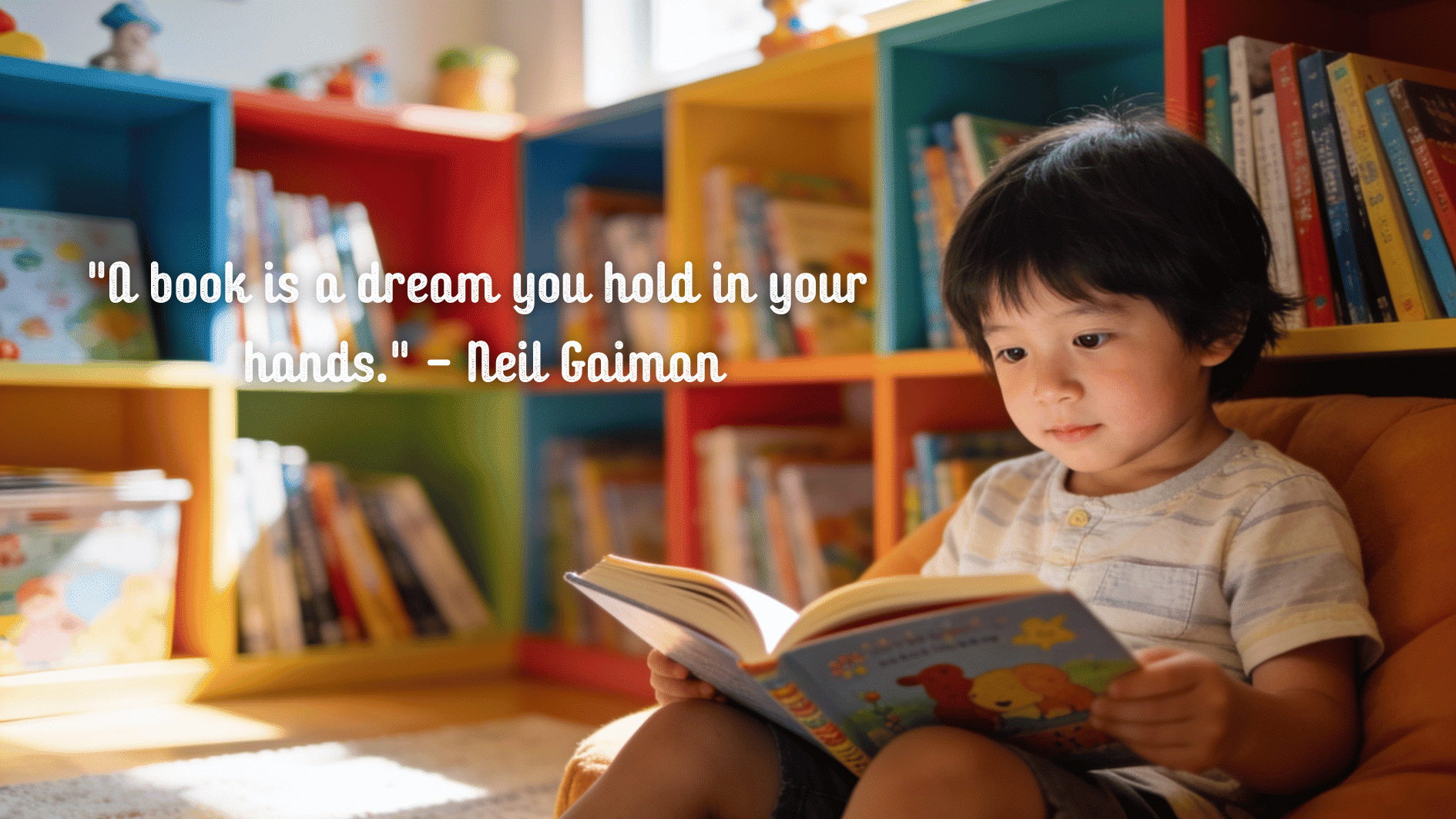 young child focused on reading a picture book beside colorful bookshelves in a cozy reading nook