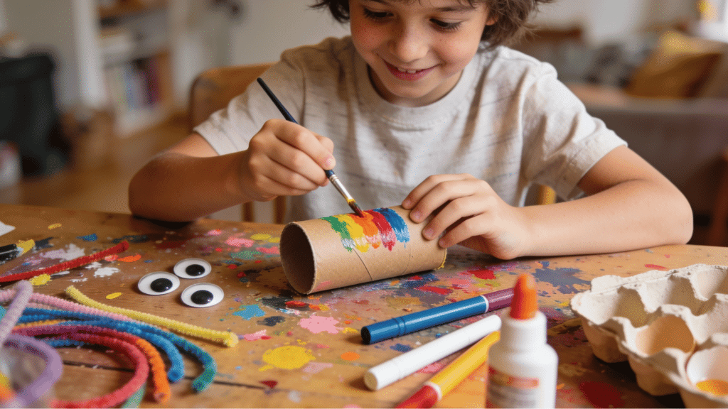 young child painting a cardboard tube at a craft table surrounded by recycled materials and art supplies