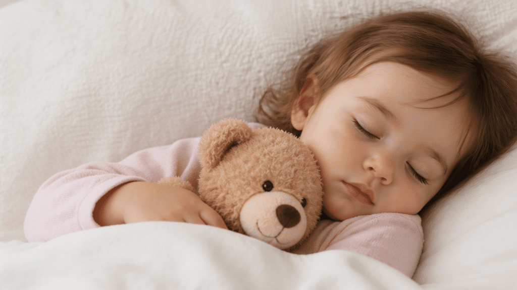 young child sleeping comfortably while hugging a teddy bear under a white blanket with a calm and cozy expression