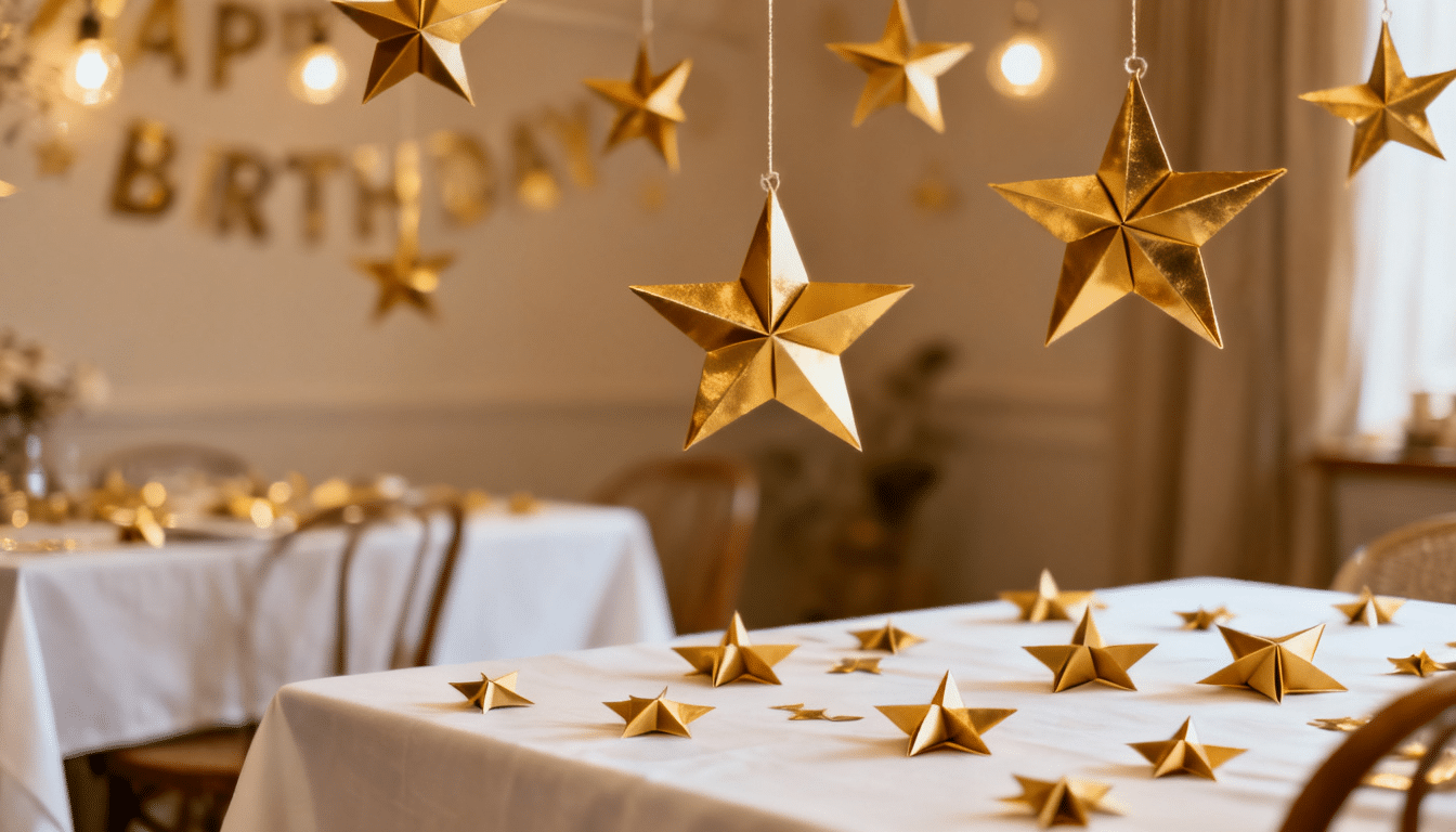 a birthday party setup with gold 3d paper stars hanging from the ceiling and scattered on white tablecloths