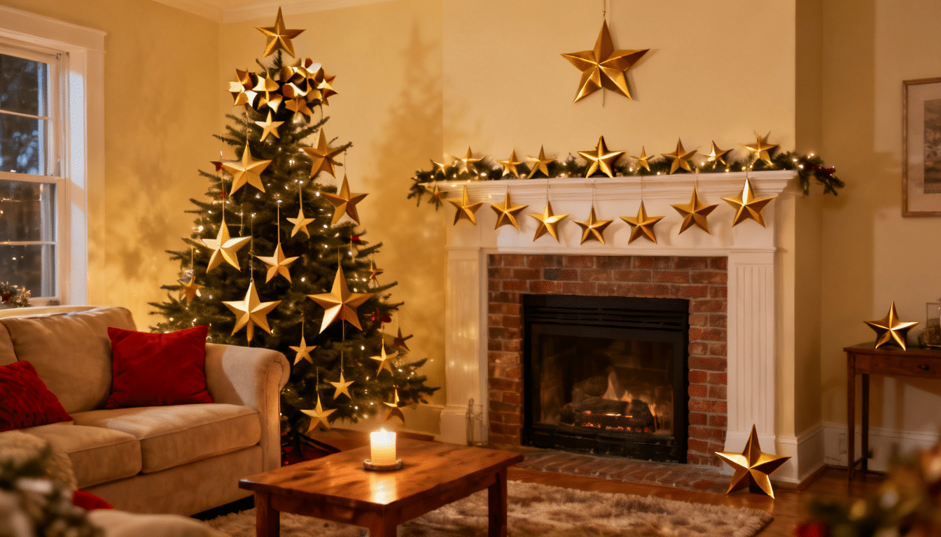 a cozy holiday living room with a gold star-decorated christmas tree, lit brick fireplace, garland mantel, beige sofa, and a candle on a wood table