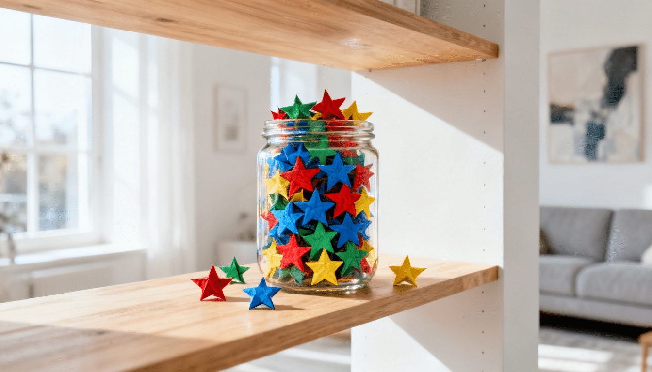 a glass jar filled with colorful red, blue, green, and yellow paper stars on a wooden shelf in a bright white living room