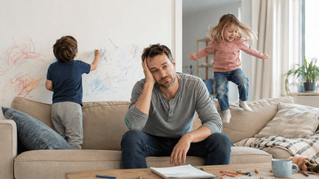 a mother or father sitting on the couch smiling weakly or looking exhausted, while their children draw on the walls or jump on the furniture right next to them