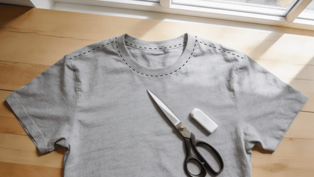 a plain heather-grey t-shirt on a light wooden table, fabric scissors resting on top, white tailor's chalk beside it, dotted chalk cut-lines visible across the collar and hem