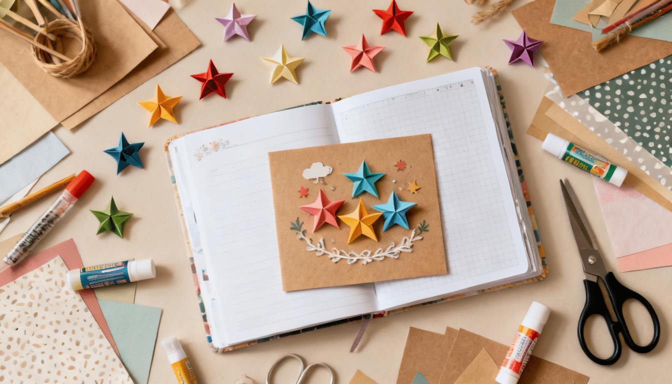 a top-down crafting flatlay with an open notebook, a kraft card decorated with colorful 3d paper stars