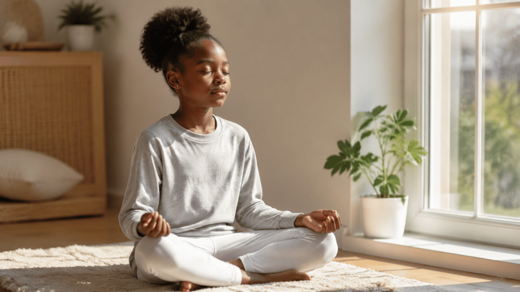 a young girl sitting cross-legged on a rug near a window, eyes closed, practicing mindfulness in a cozy room
