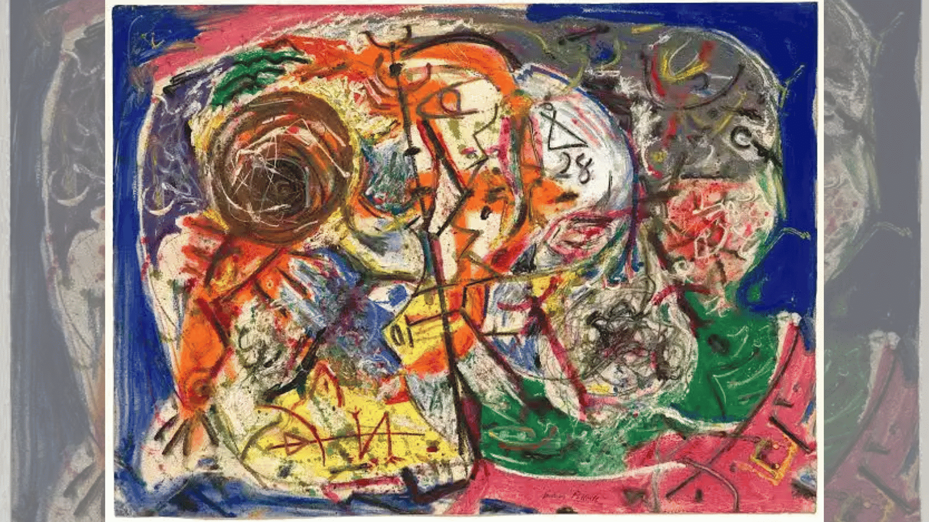 abstract expressionist painting with layered faces, symbols, and bold red blue green swirling forms