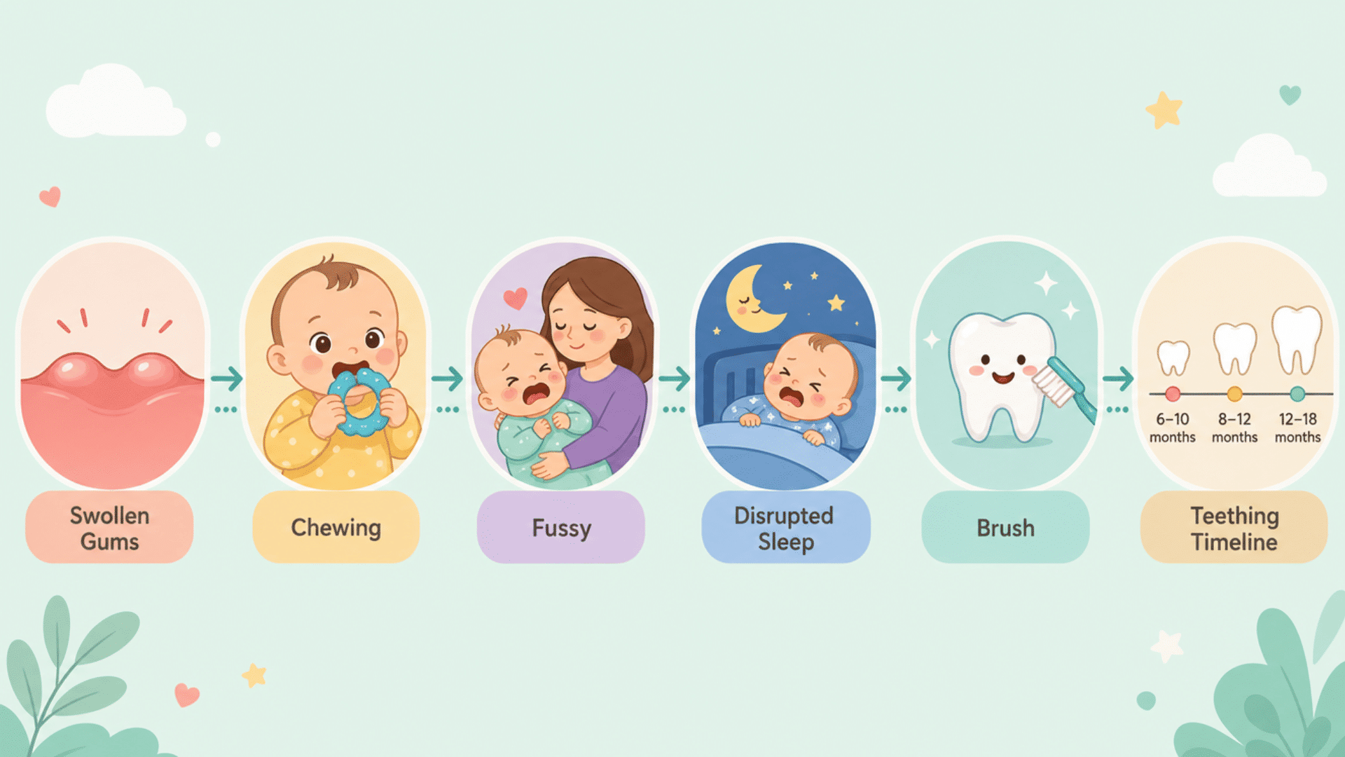 baby teething stages infographic showing swollen gums, chewing on a teether, fussiness, disrupted sleep, brushing, and timeline