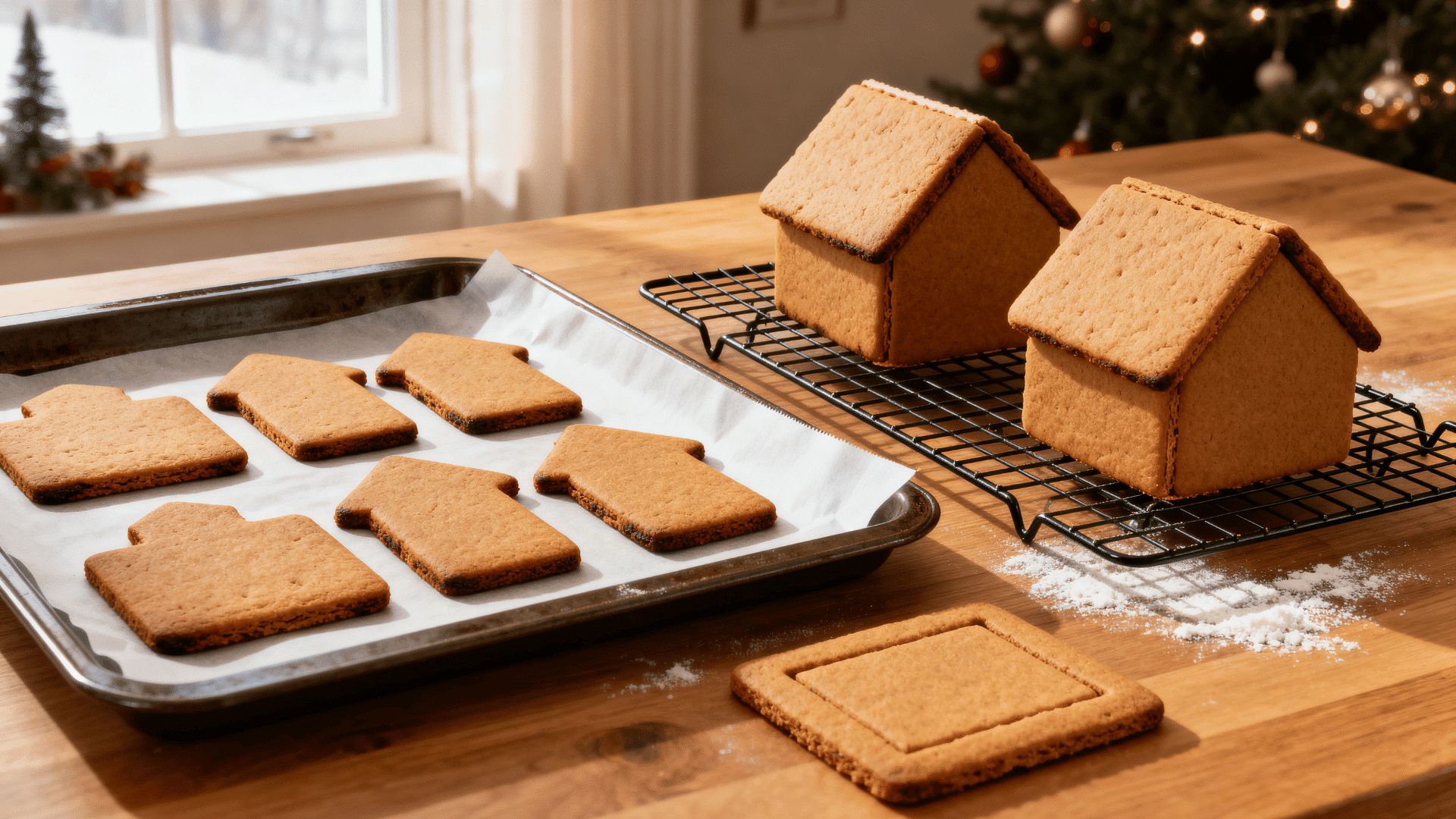 baked gingerbread house panels cooling on a rack in the same warm kitchen before final assembly with icing