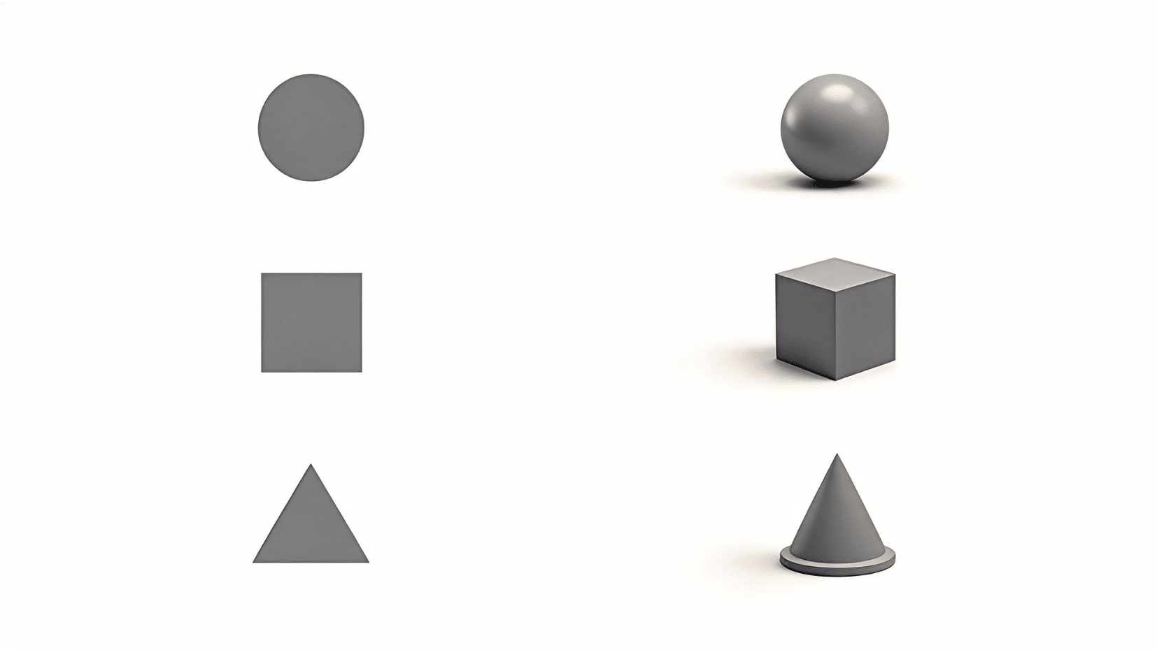 basic geometric shapes showing spheres, cubes, squares, triangles, and cones for art practice exercises