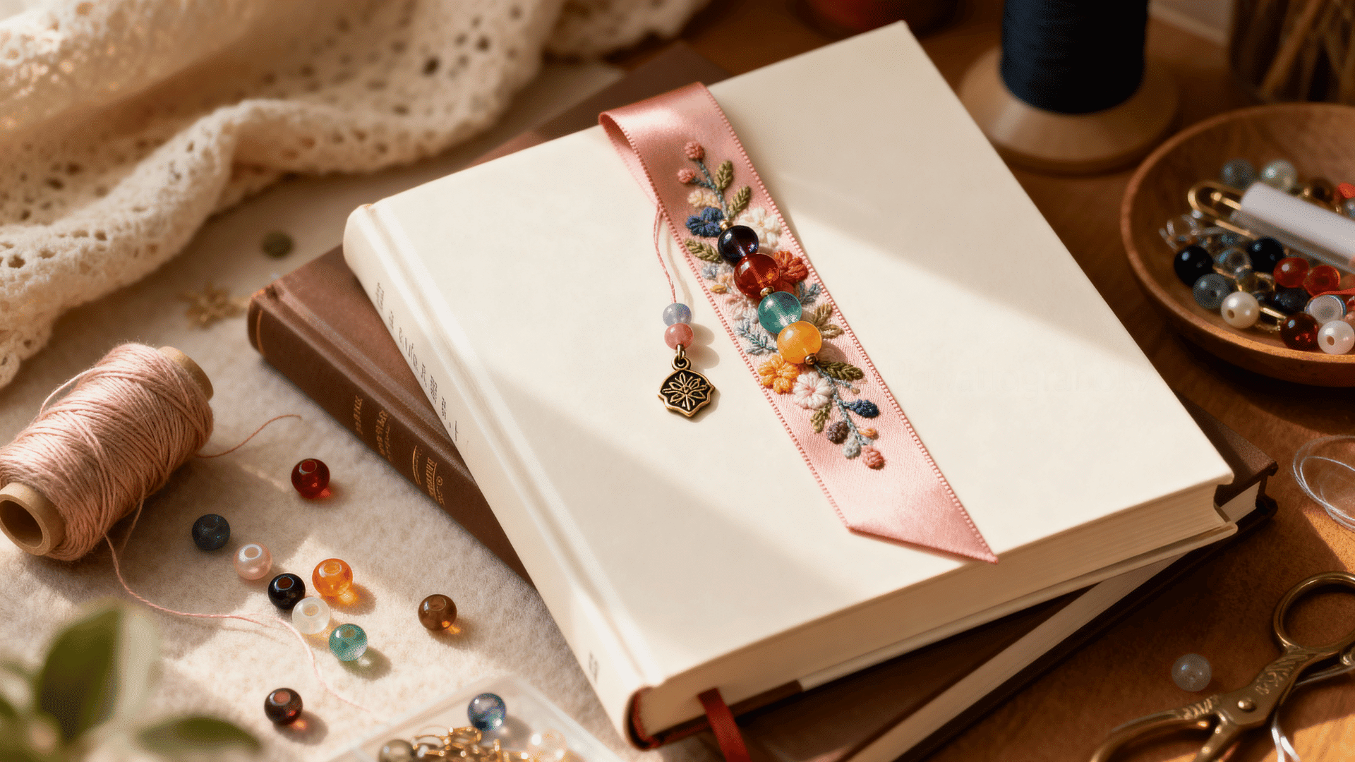 beaded ribbon bookmark with colorful beads and charm details placed on an open book beside crafting supplies