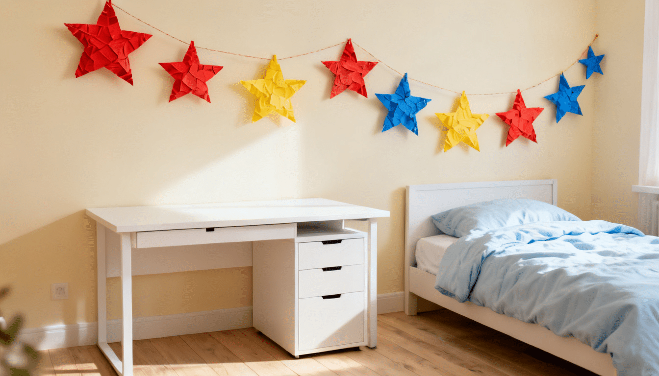 bedroom with a white desk, drawer unit, and a single bed with light blue bedding, decorated with a colorful red, yellow, and blue paper star