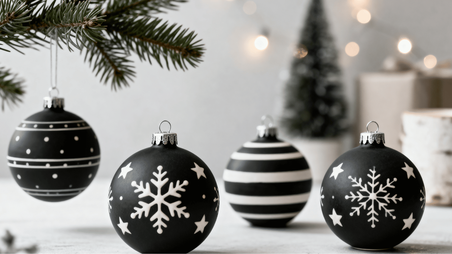 black and white christmas ornaments with snowflake patterns and striped baubles hanging on fir branch in minimal holiday setting