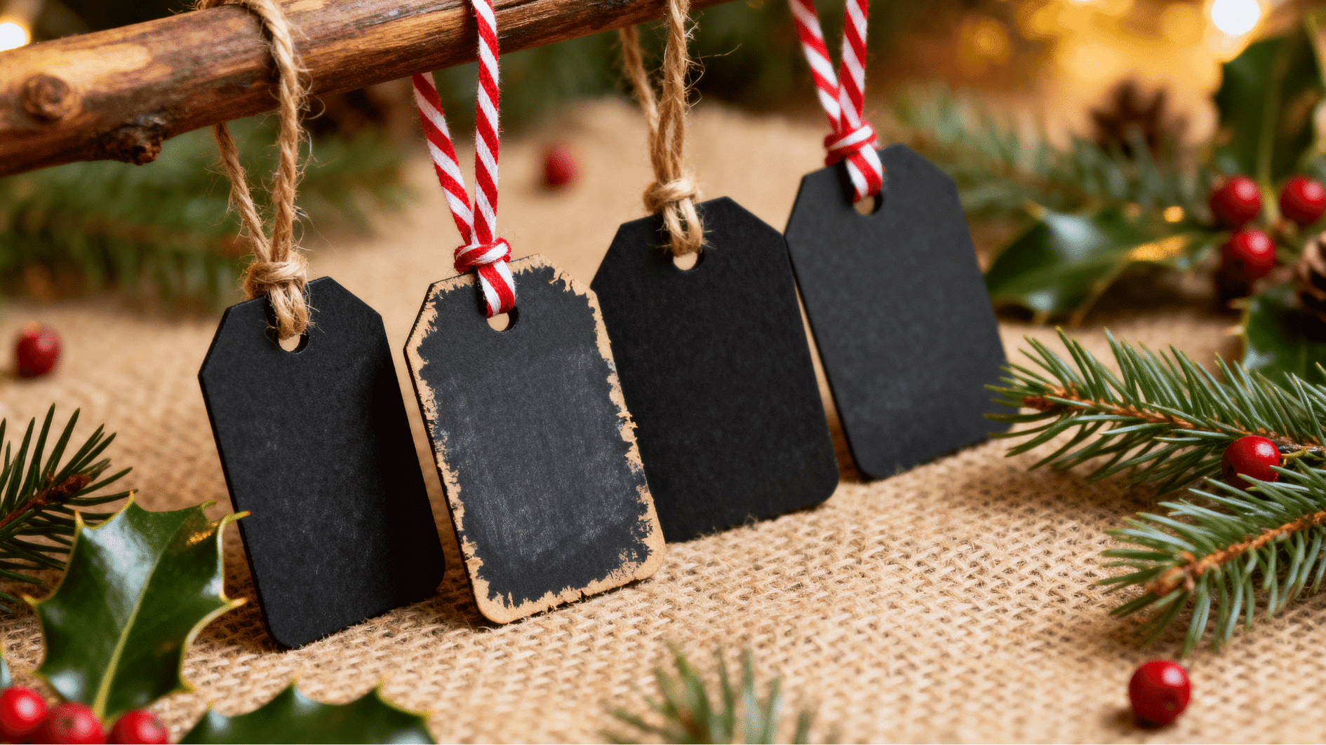 black chalkboard gift tags hanging from rustic branch with red striped twine surrounded by pine and holly christmas labeling decor