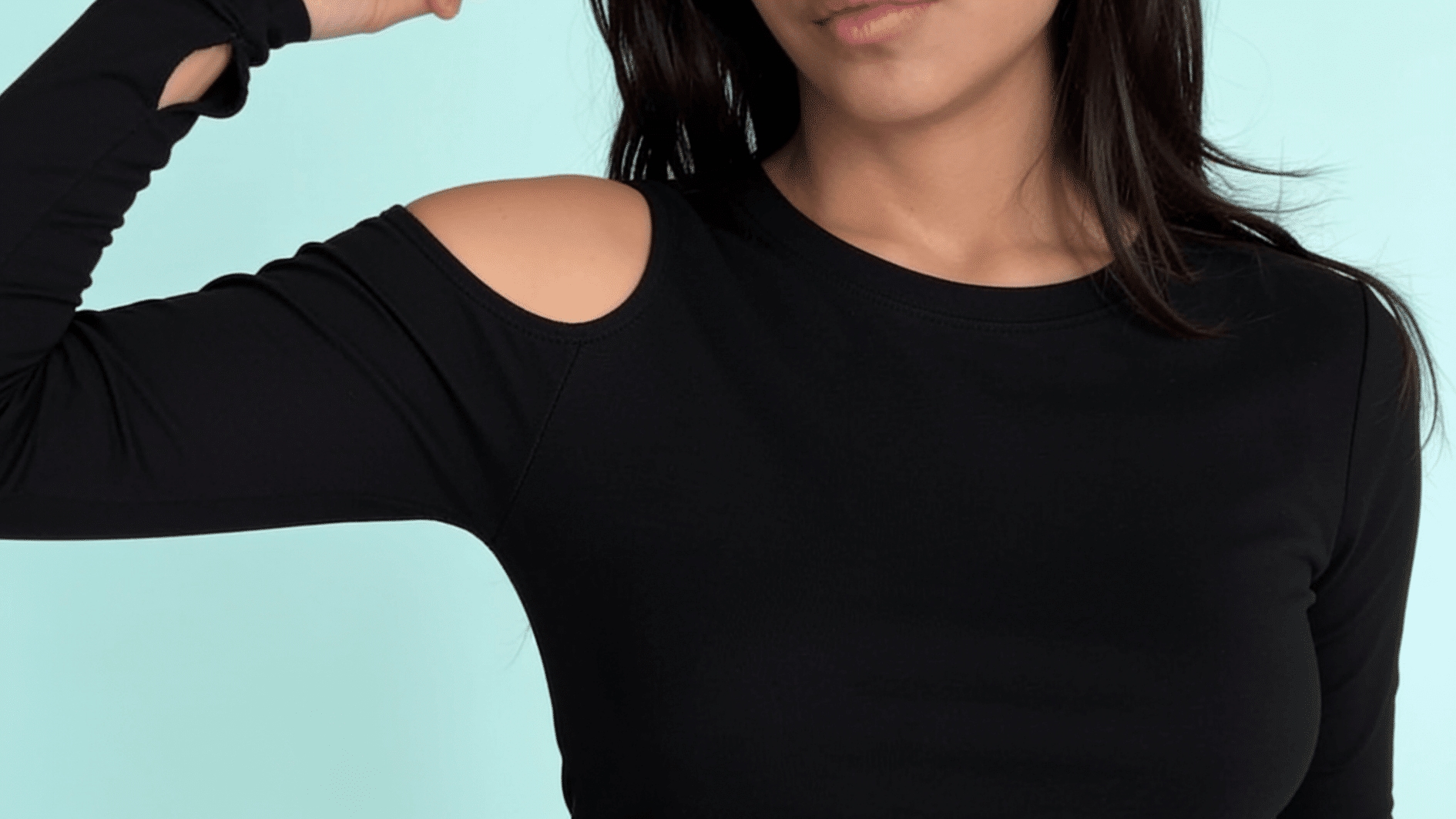 blackt-shirt with a cut in shoulder detail, cold shoulder diymannequin torso shot,