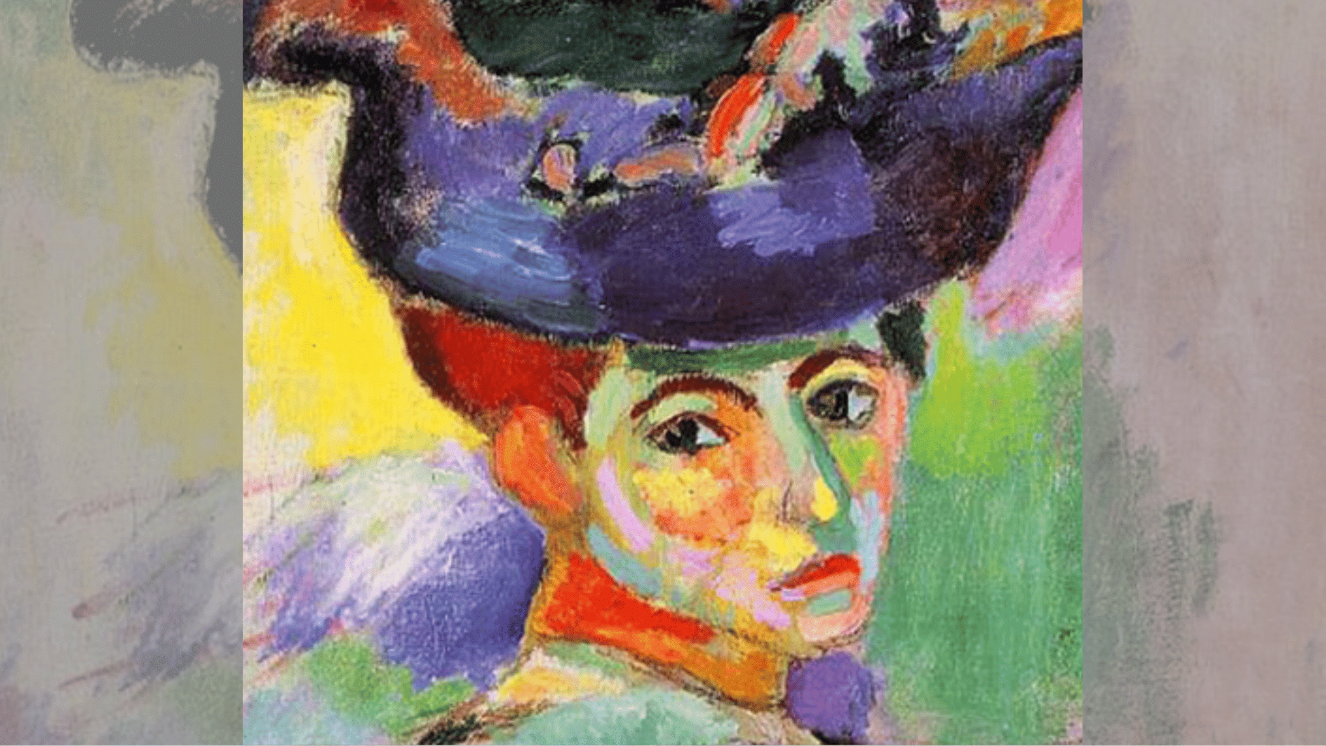 bold portrait painting of woman in feathered purple hat, fauvist style with vivid clashing colors on face and background