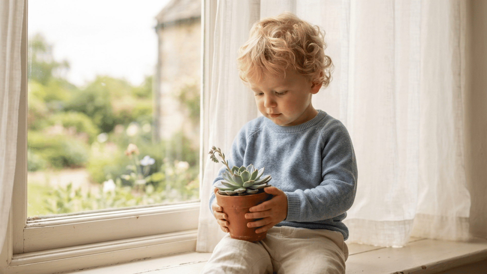 calm toddler boy with blond curls sitting on a windowsill holding a small potted plant in soft diffused light